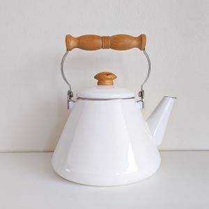 Vintage White Enamel Teapot with Wooden Handle